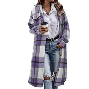 Womens Plaid Shacket Jacket Long Corduroy Shirt Casual Lapel Button